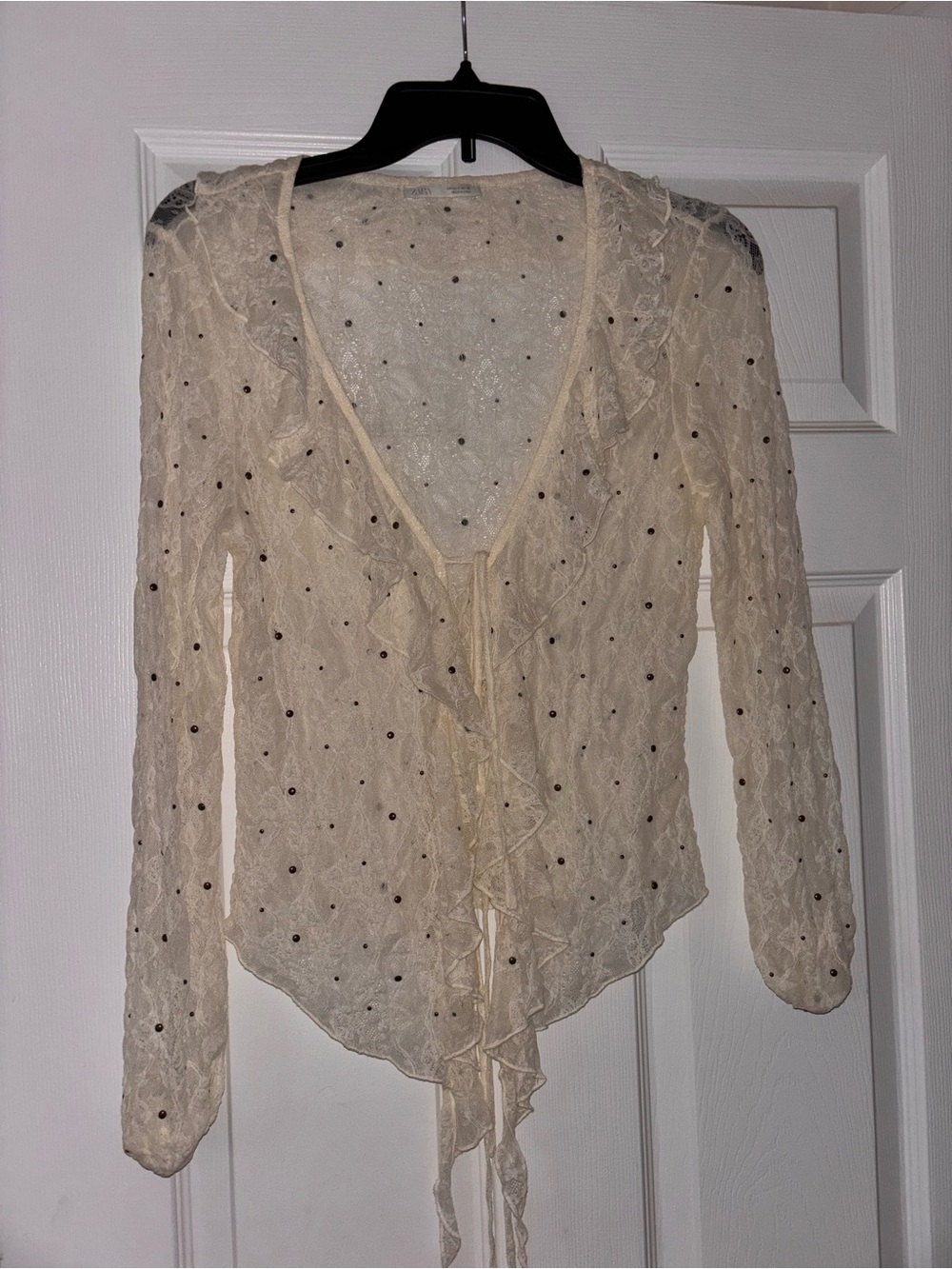 Zara Cream Sheer Ruffle Tie-Front Blouse
